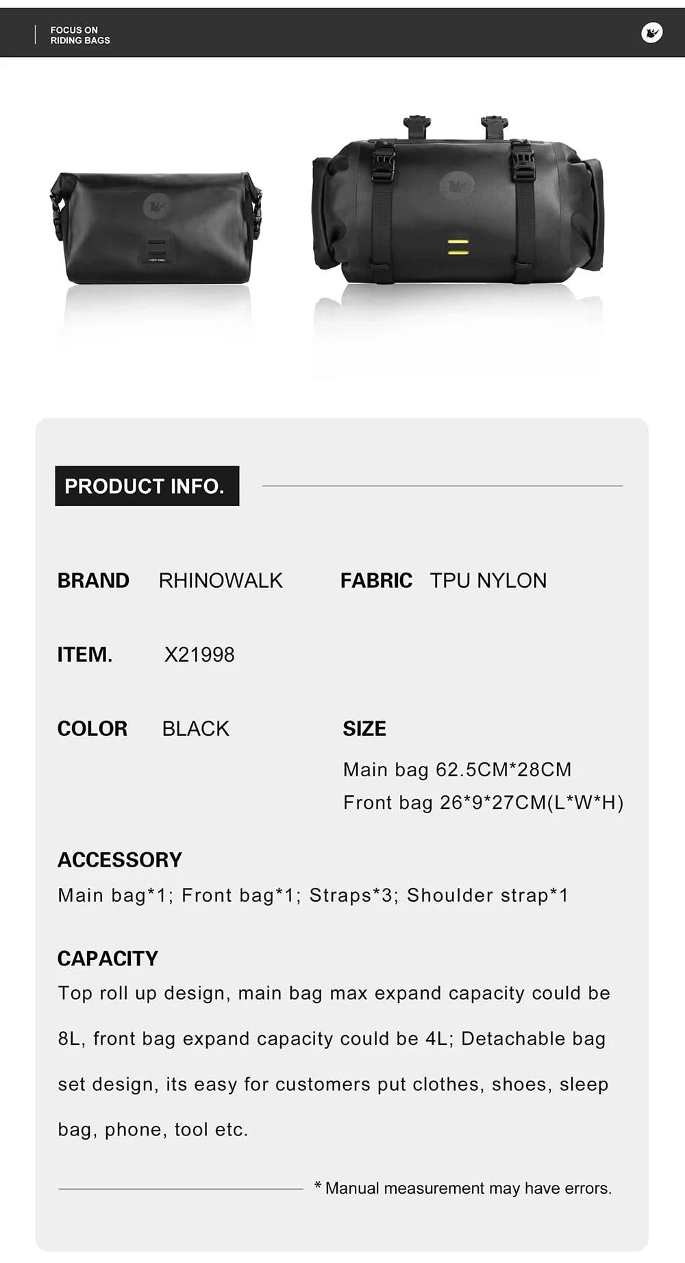Rhinowalk Bicycle Bag Handlebar Bag Waterproof  Front Tube Cycling Bag MTB Multifunction Portable 12L MTB Road Handlebar Bag