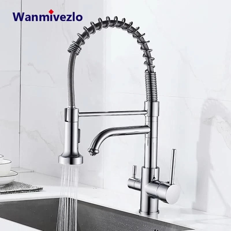 Purified Water Kitchen Faucet Pull Down Spray Stream Head Dual Handle Faucet 360 Rotate Deck Mount Drinking Water Mixer Tap