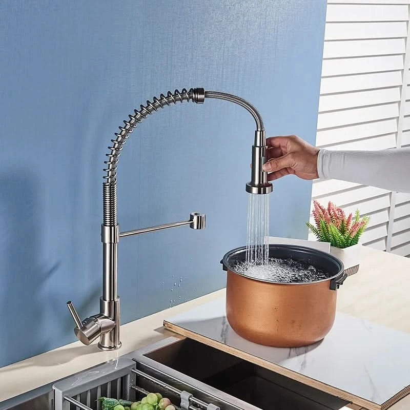Brushed Nickel Spring Pull Down Kitchen Faucets Stream Spray Head Hot Cold Water Tap Brass Rotation Kitchen Mixer Tap Crane