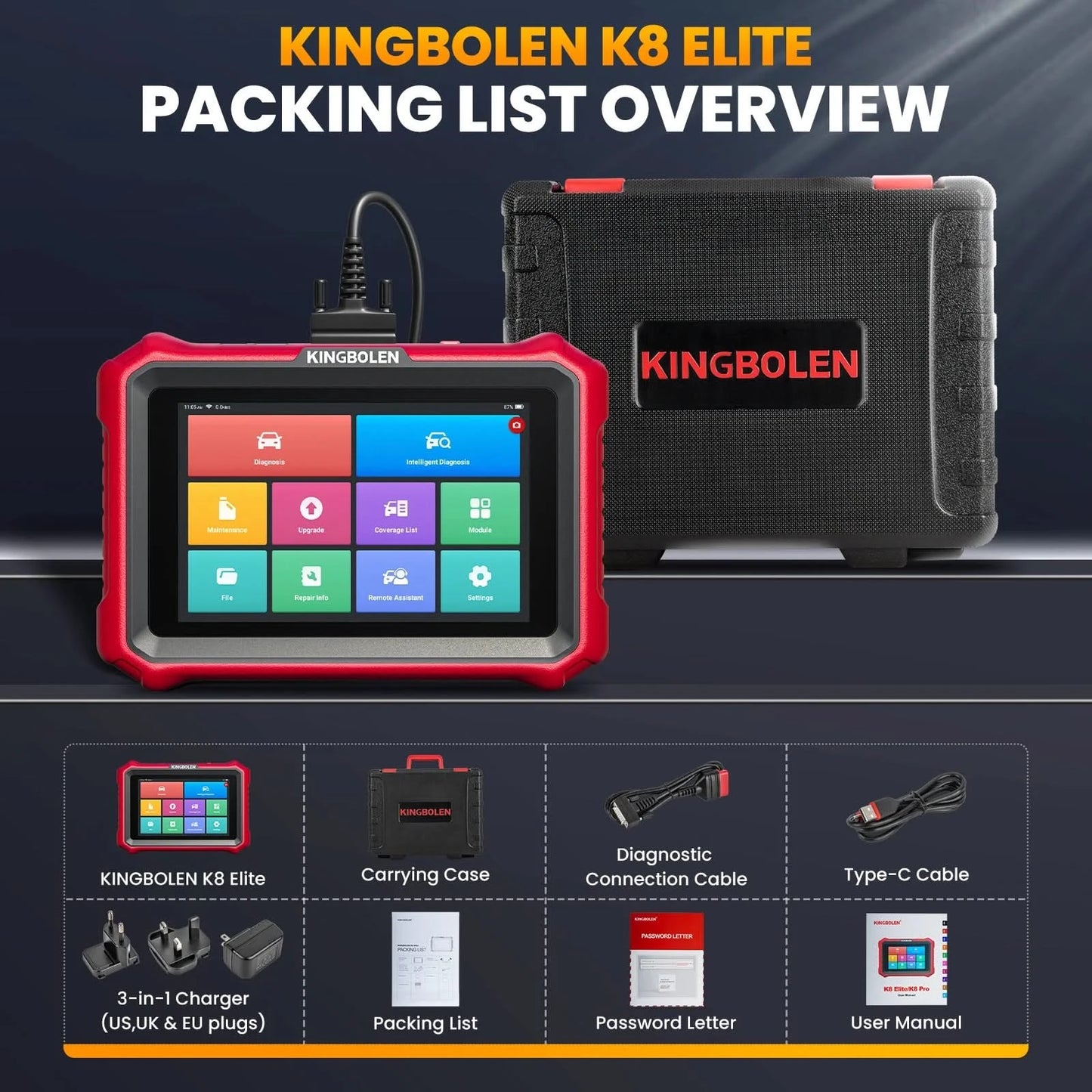Kingbolen K8 Elite Lifetime Time Free OBD2 Scanner 8" Automotive Diagnostic Tool ECU Coding Machine