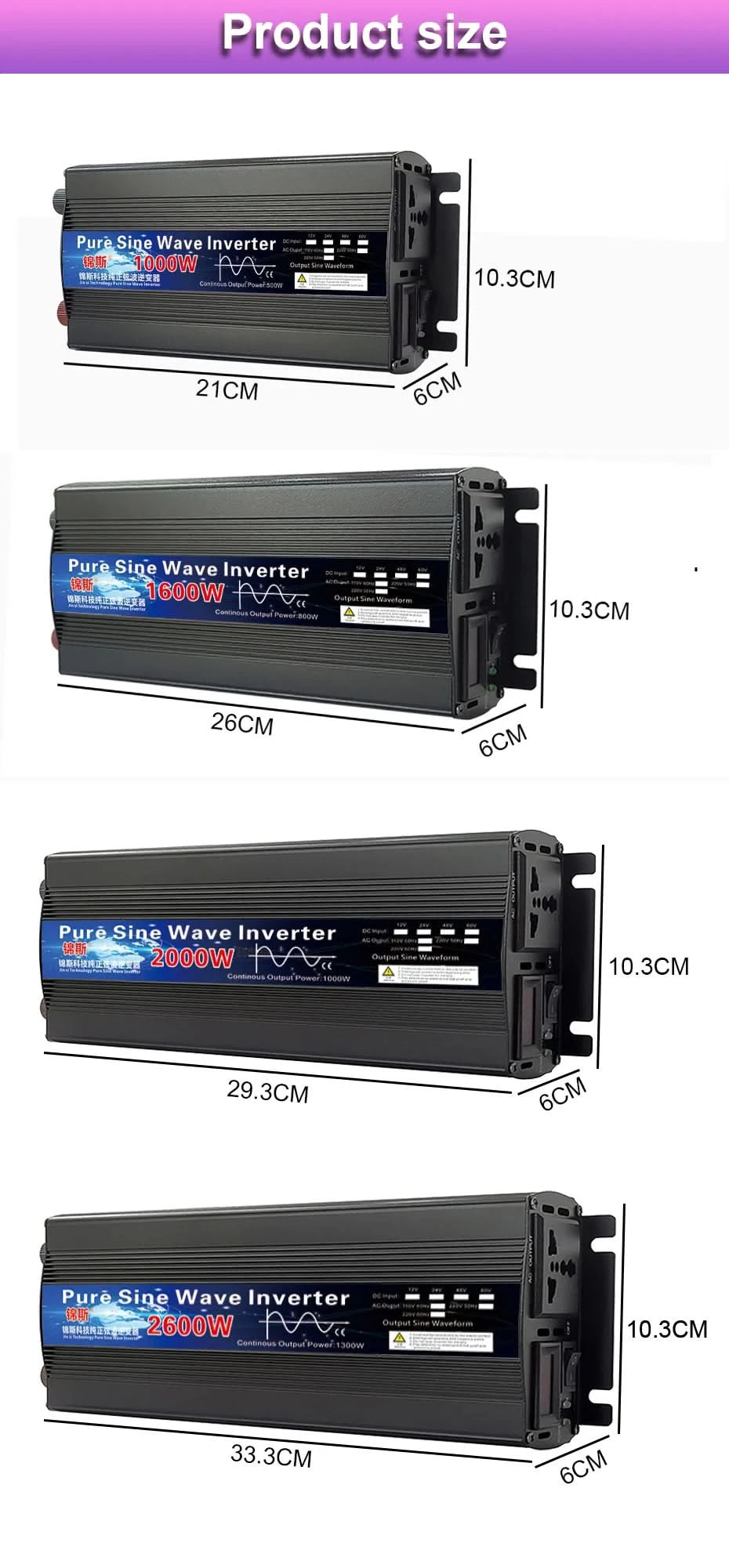 Pure Sine Wave Inverter 12V 24V 110V 220V 1000w 2000w 2600w Inversor 12V 48V to 220V Power Solar Inverter Converter LED Display