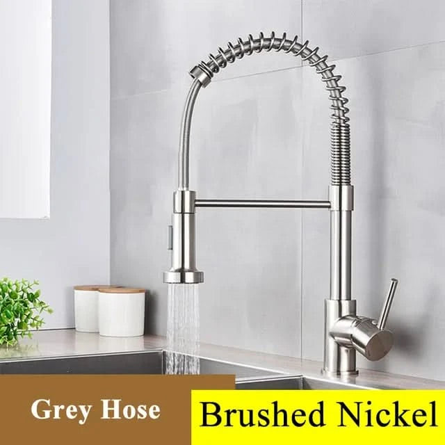 Brushed Nickel Spring Pull Down Kitchen Faucets Stream Spray Head Hot Cold Water Tap Brass Rotation Kitchen Mixer Tap Crane