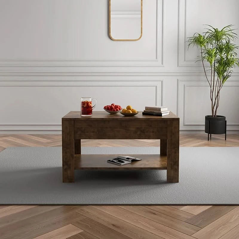 TV table and Lift Top Coffee Table with Storage , Rustic Wood Raisable Top Central Table for Living Room