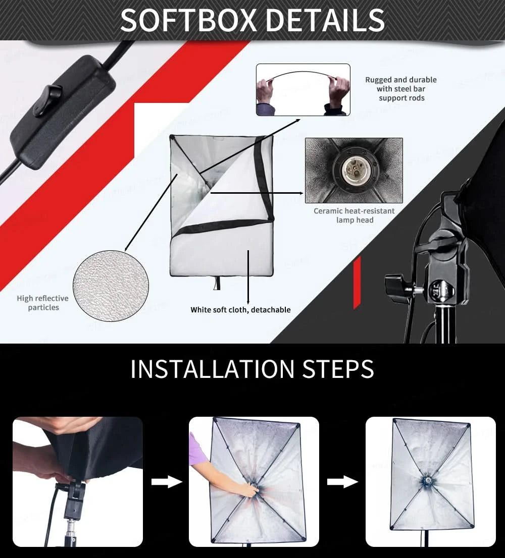 Studio Kit Photo Softbox Light Box Lighting Single Led Lamp with Tripod Photography Shooting Soft Box Flash E27 Accessories