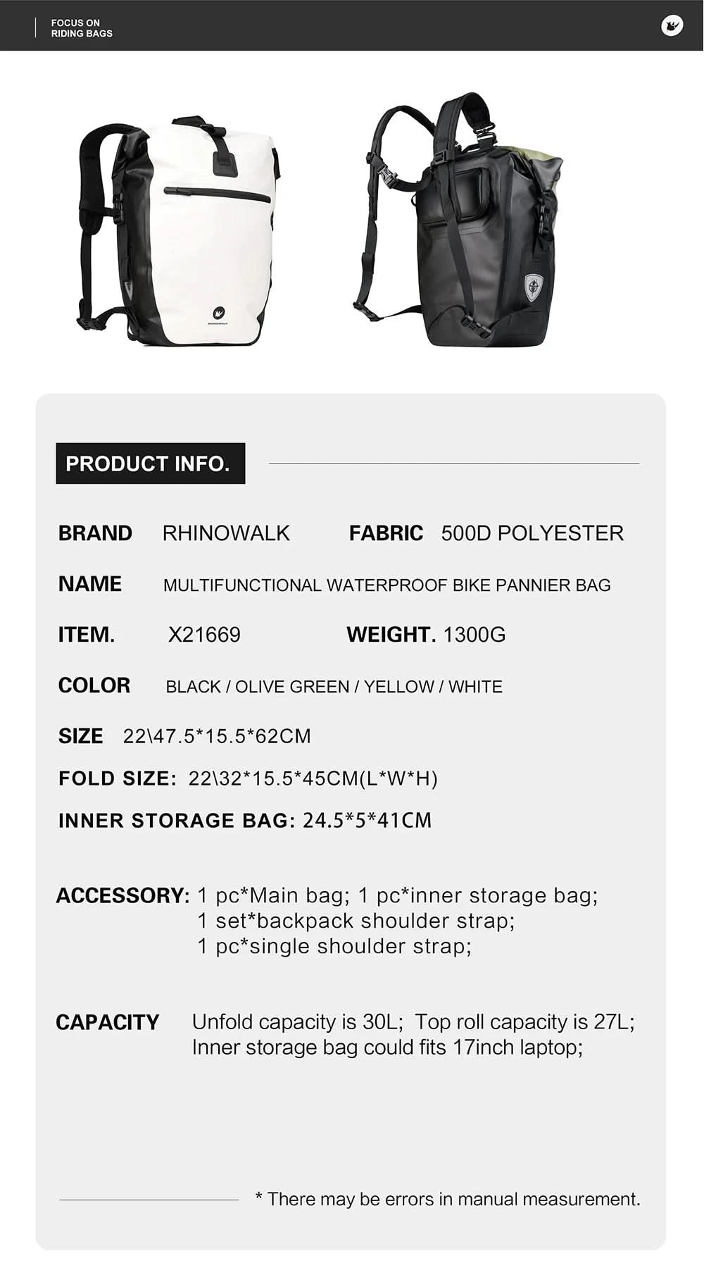 Rhinowalk Bicycle bag&Pannier 100% Fully Waterproof 27L Big Bike Bag capacity Multifunctional Rear Rack Pannier Bag Cycling Bags