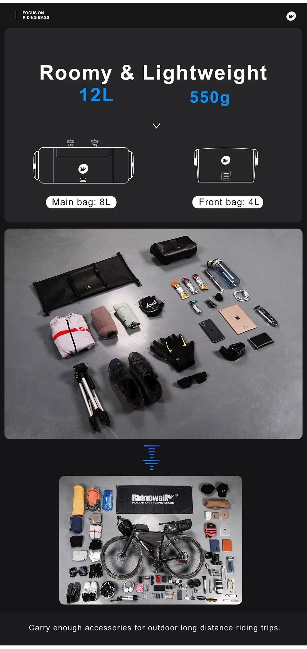 Rhinowalk Bicycle Bag Handlebar Bag Waterproof  Front Tube Cycling Bag MTB Multifunction Portable 12L MTB Road Handlebar Bag