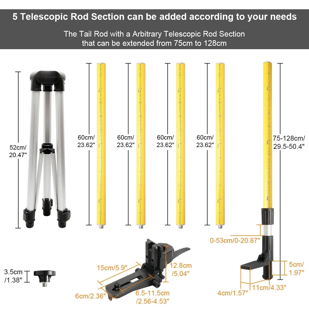 Huepar 12 Ft./3.7m Laser Tripod Telescoping Pole with 1/4-Inch by 20-Inch Laser Mount for Rotary Included Rod & 5/8"-11 Adapter