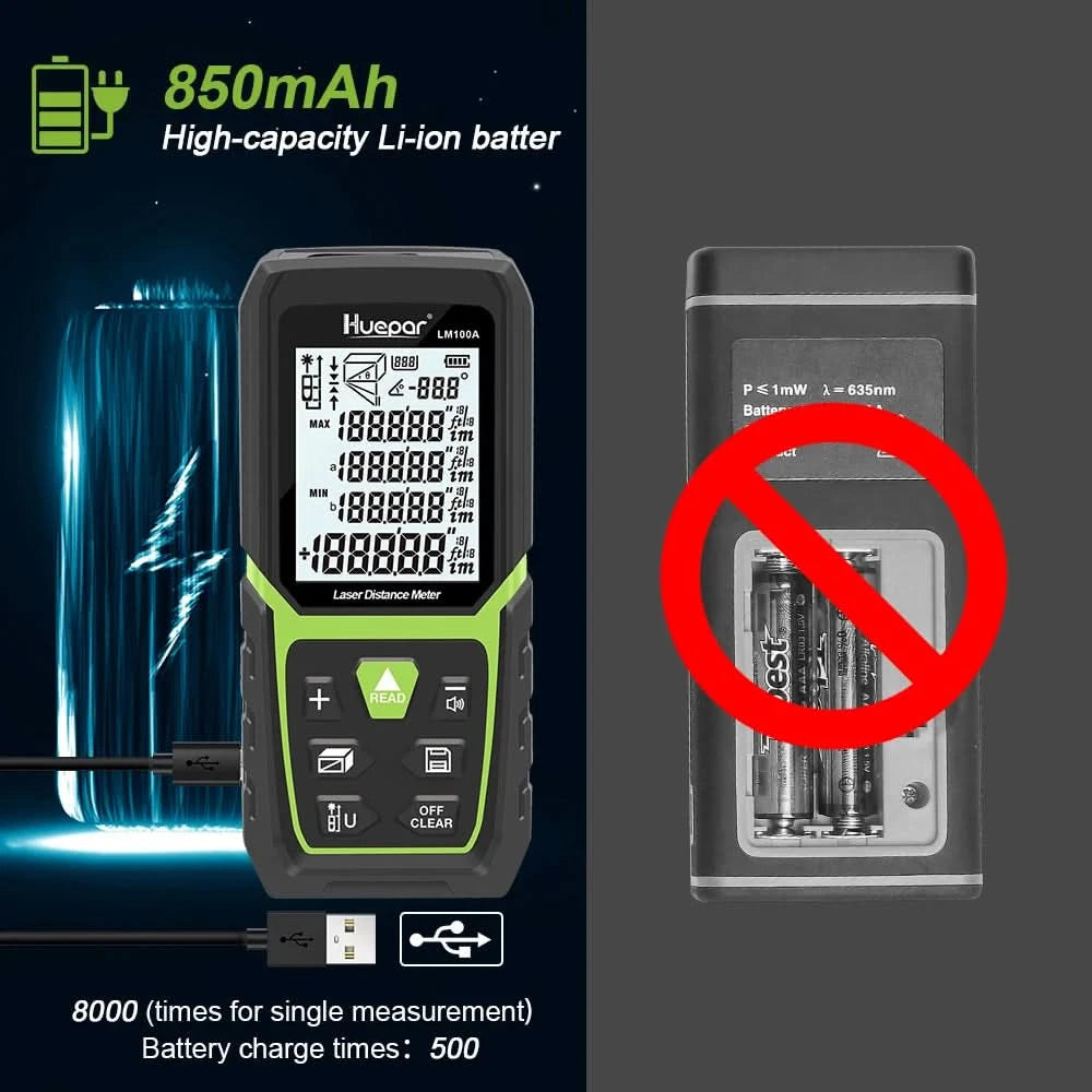 Laser Rangefinder 330Ft/100M(165Ft/ 50M 390Ft/120M)Backlit LCD Laser Measure M/In/Ft with Li-ion Battery & Electric Angle Sensor