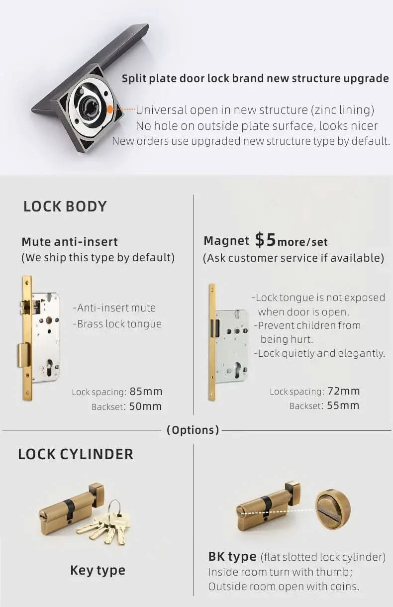 Dooroom Brass Door Lever Mute Black Gold Interior Bedroom Bathroom Wood Door Lock Set Dummy Handle Knob