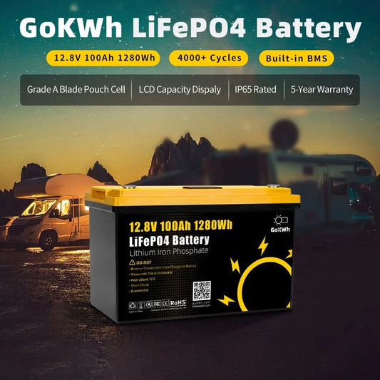 GoKWh 12V 100Ah Batterie Lifepo4 12,8V 100A 200Ah Lithium-Ionen Solarbatterie mit LCD für Wohnmobil, Camping, Solaranwendungen – Langlebig, effizient