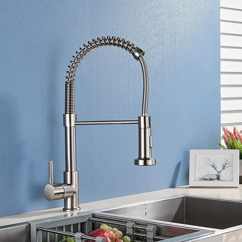 Brushed Nickel Spring Pull Down Kitchen Faucets Stream Spray Head Hot Cold Water Tap Brass Rotation Kitchen Mixer Tap Crane