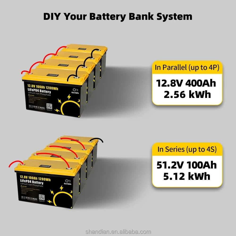 GoKWh 12V 100Ah Battery Lifepo4 12.8V 100A 200Ah Lithium-Ion Solar Battery Pack Outdoor Camping Car RV Lithium Battery IP65