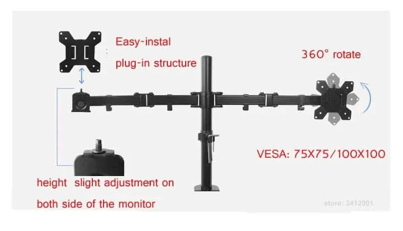 D-MOUNT MS02 9.9kg each head Full Motion 360 rotate Dual 10"-27" Monitor desktop holder stand long Mount Arm clamp and grommet