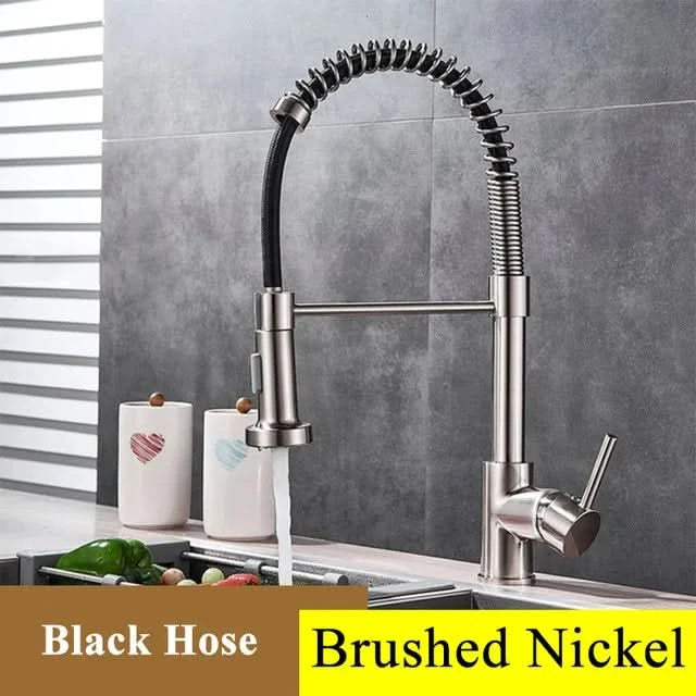 Brushed Nickel Spring Pull Down Kitchen Faucets Stream Spray Head Hot Cold Water Tap Brass Rotation Kitchen Mixer Tap Crane