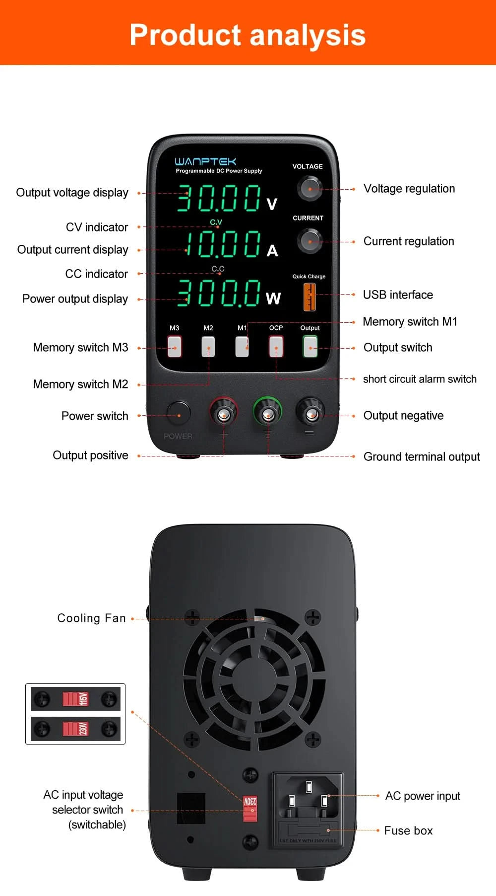 Wanptek Adjustable DC power supply 30V 10A 60V 5A Lab Bench Power Source Stabilized Power Supply Voltage Regulator Switch 220V