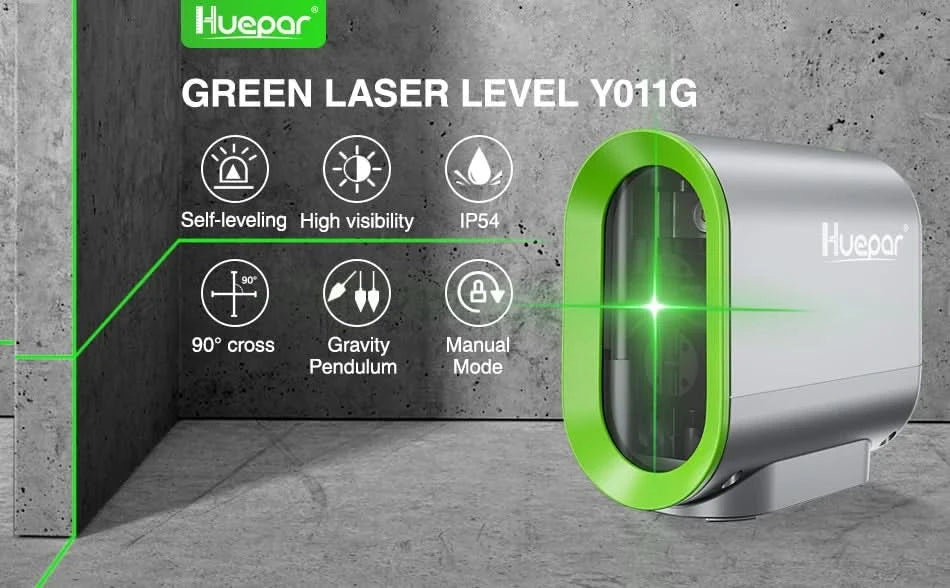 Huepar 2-Line Self-Leveling Laser Level, Green/Red Beam, Magnetic Base, Rechargeable Li-ion Battery, for Construction & DIY Tool