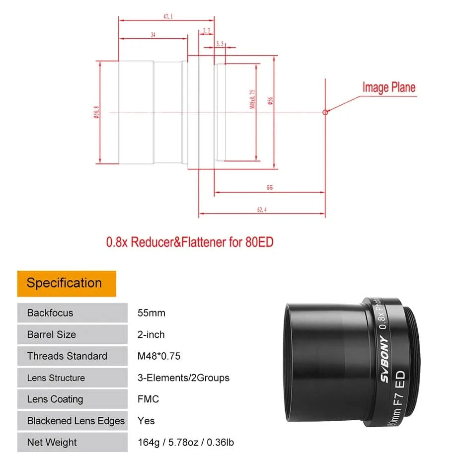 Svbony SV193 2 Inch 0.8X Field Flattener Focal Reducer Telescope Accessory for SV503 80/102mm ED Telescope