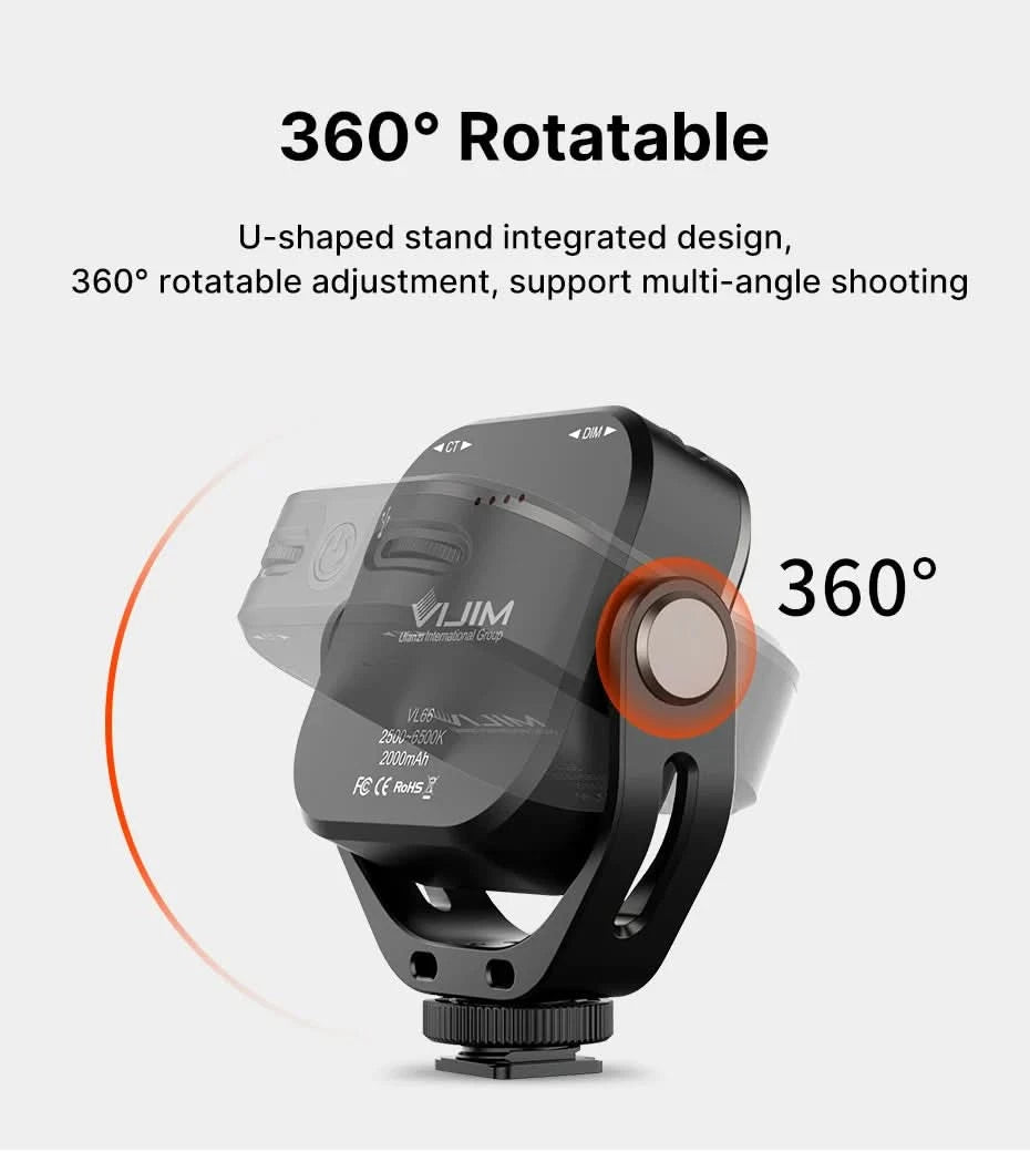Ulanzi VIJIM VL66 3200k-6500k Vlog Fill Light 360° Rotatable LED Video Light Extend Cold Shoe 2000mAh Battery with Light Stand