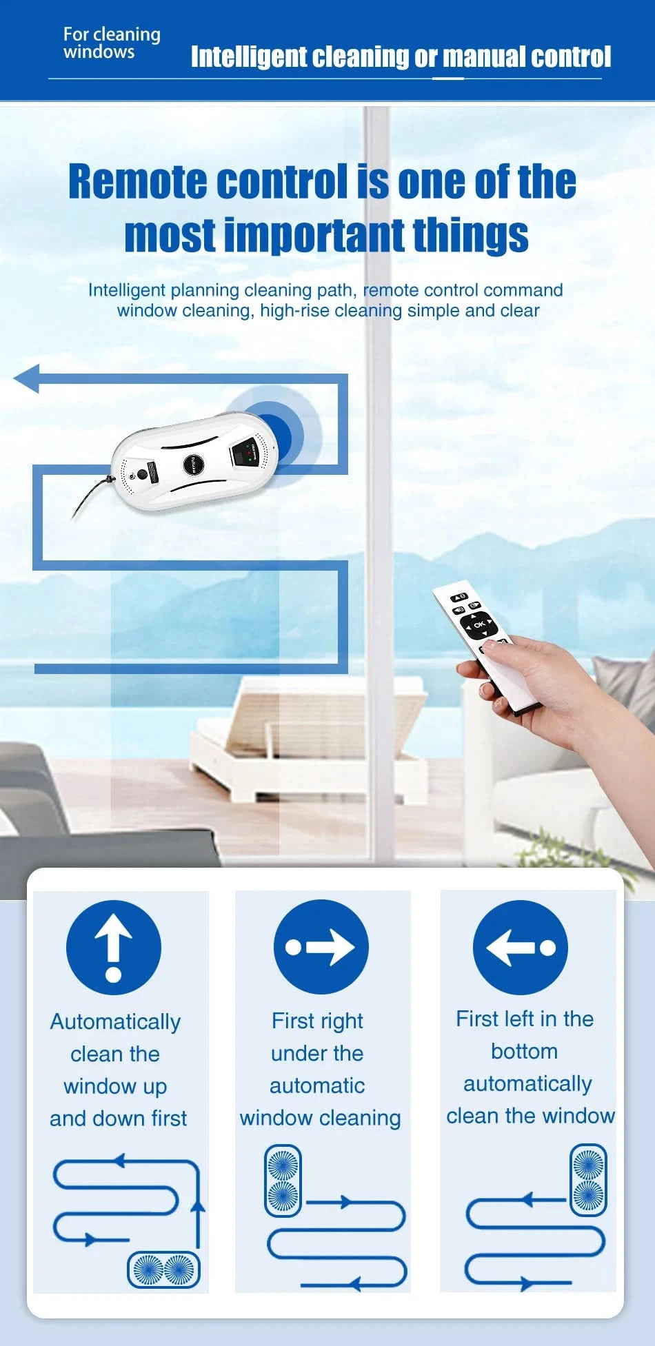 Robot nettoyeur de vitres pour la maison, aspirateur électrique Intelligent avec télécommande et essuie-glace