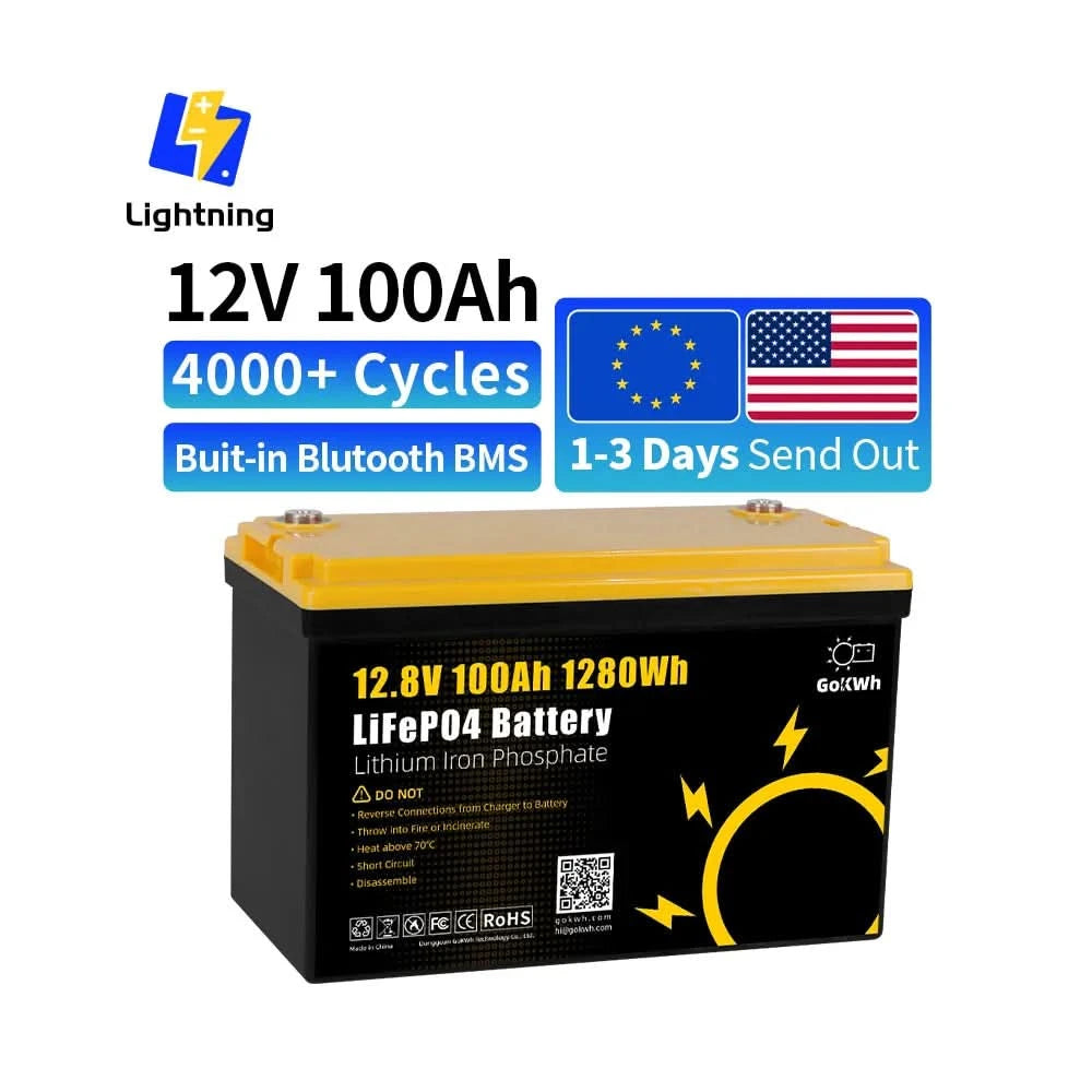 GoKWh 12V 12.8V 100Ah Battery Pack 50A 100A 200Ah Lithium Iron Phosphate Solar RV Electric Vehicle Boat Golf Carts Residential