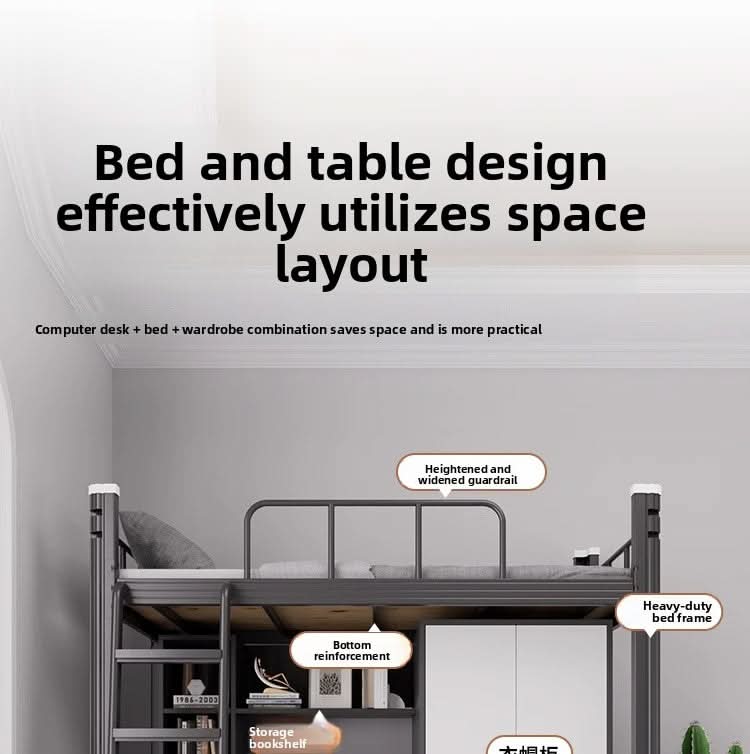 Upper Bed Lower Table Combined Bed College Dormitory Elevated Bed Small Apartment Household Wrought Iron Bed Apartment Bed