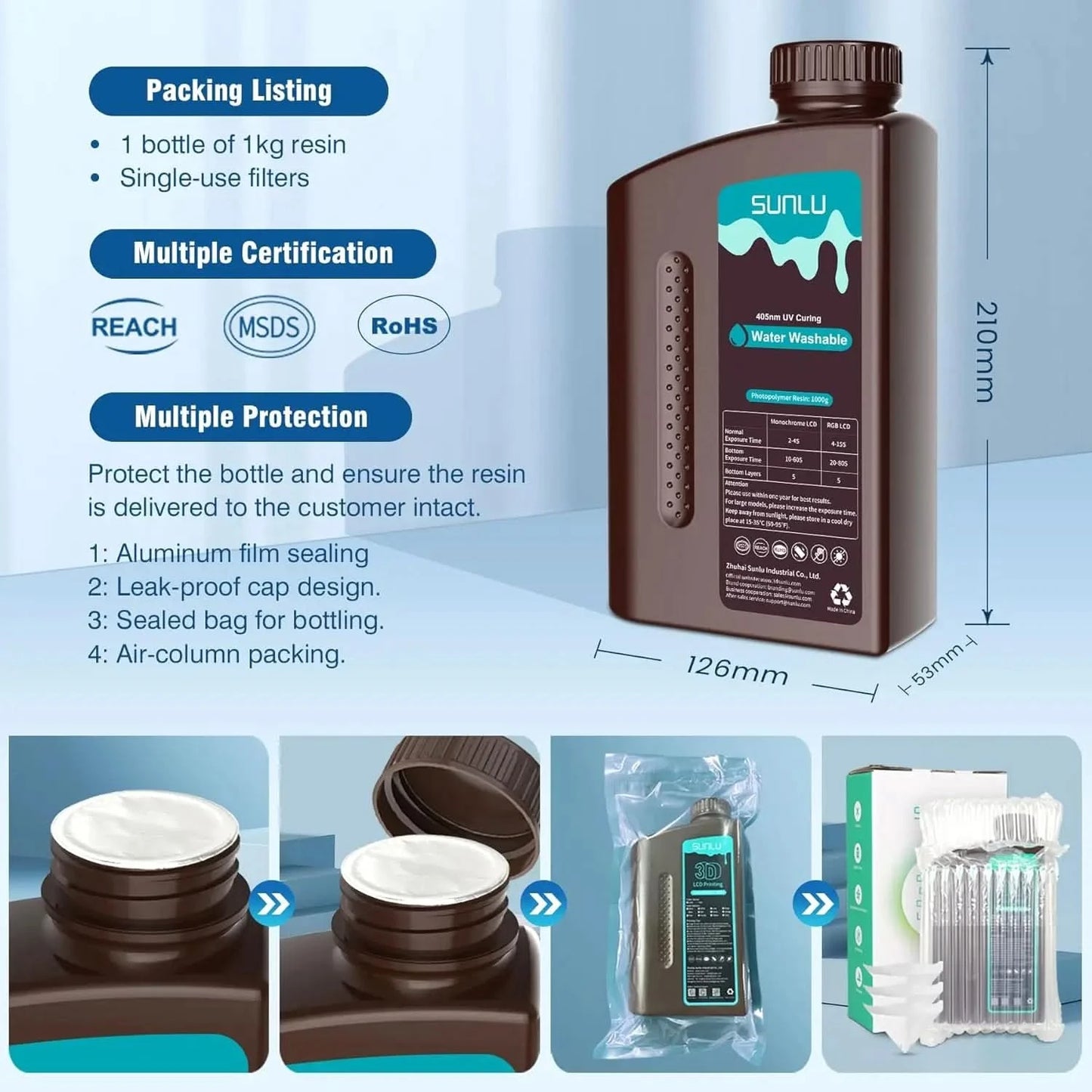 SUNLU 2KG Water Washable / Water Washable ABS Resin Resin 1000G/Bottle 405nm Rapid UV-Curing Photopolymer Resin For LCD 3D Print