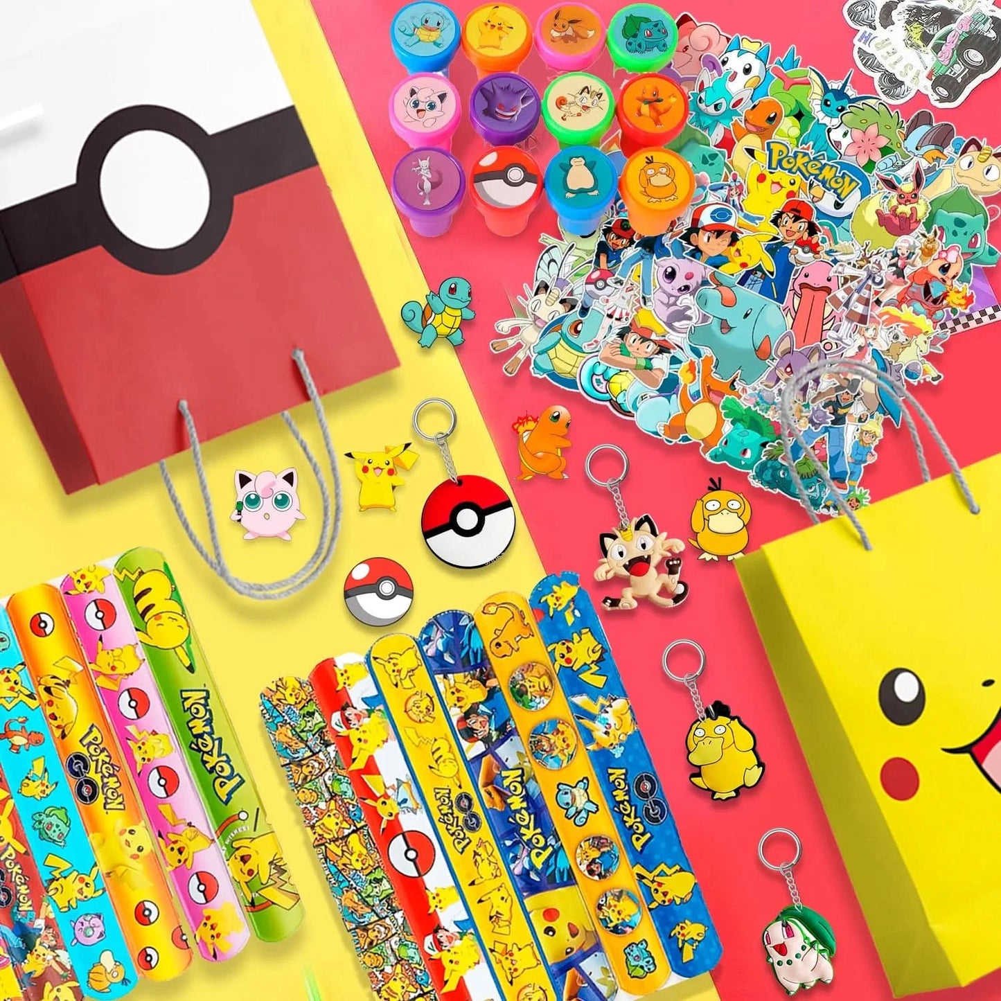 Pokemon Birthday Party Favors for Kids,110pcs Pokemon Party Supplies-Pikachu Goodie Bag Badges Sticker etc Pokemon Party Favors