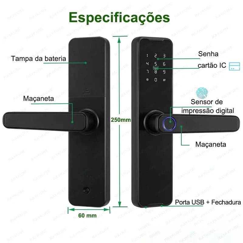Do Brasil RAYKUBE Black K7 Pro+ Tuya Bluetooth Biometric Fingerprint Door Lock Smart Digital Lock Tuya App Unlock Keyless Lock