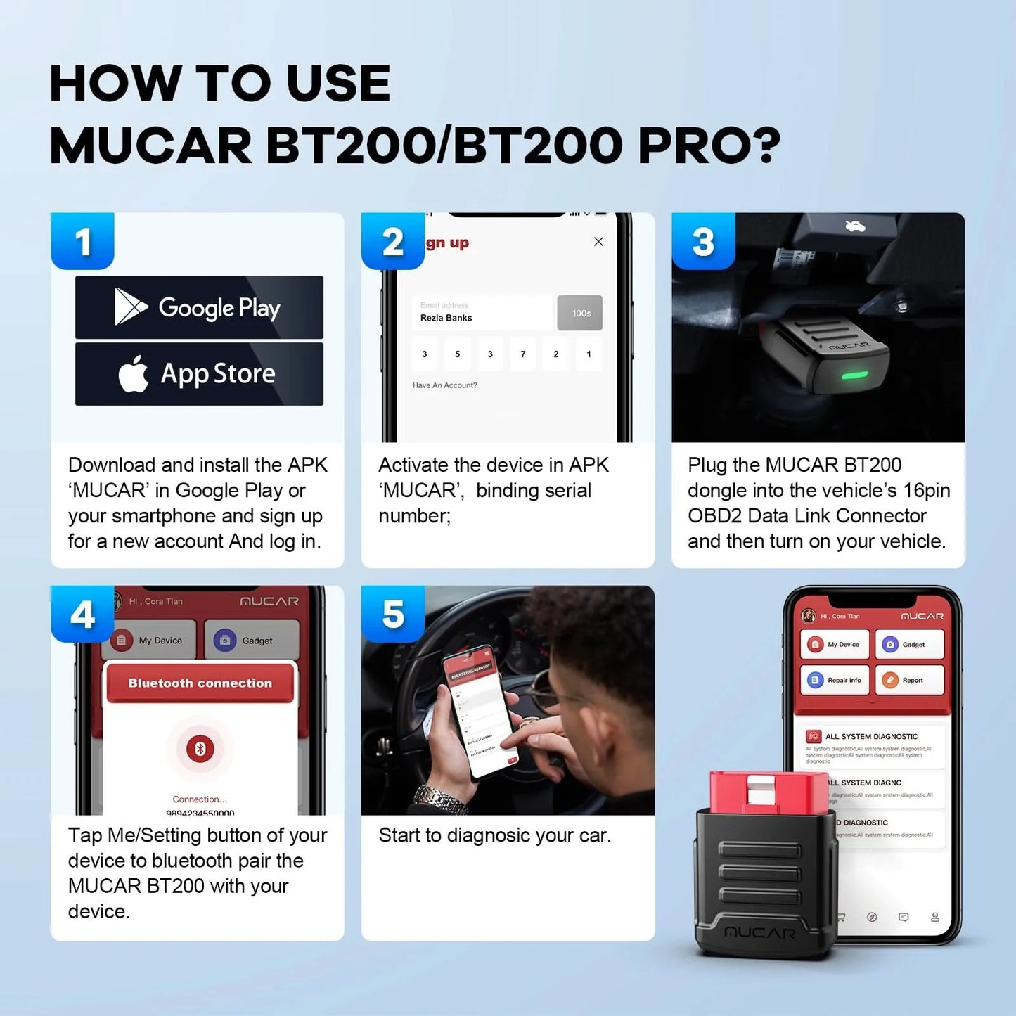 10 Stk.-100 Stk. MUCAR BT200/BT200 Pro OBD2 Diagnosegerät vollständige Systemdiagnose für alle Autos, lebenslang kostenlos, 15 Reset-Services