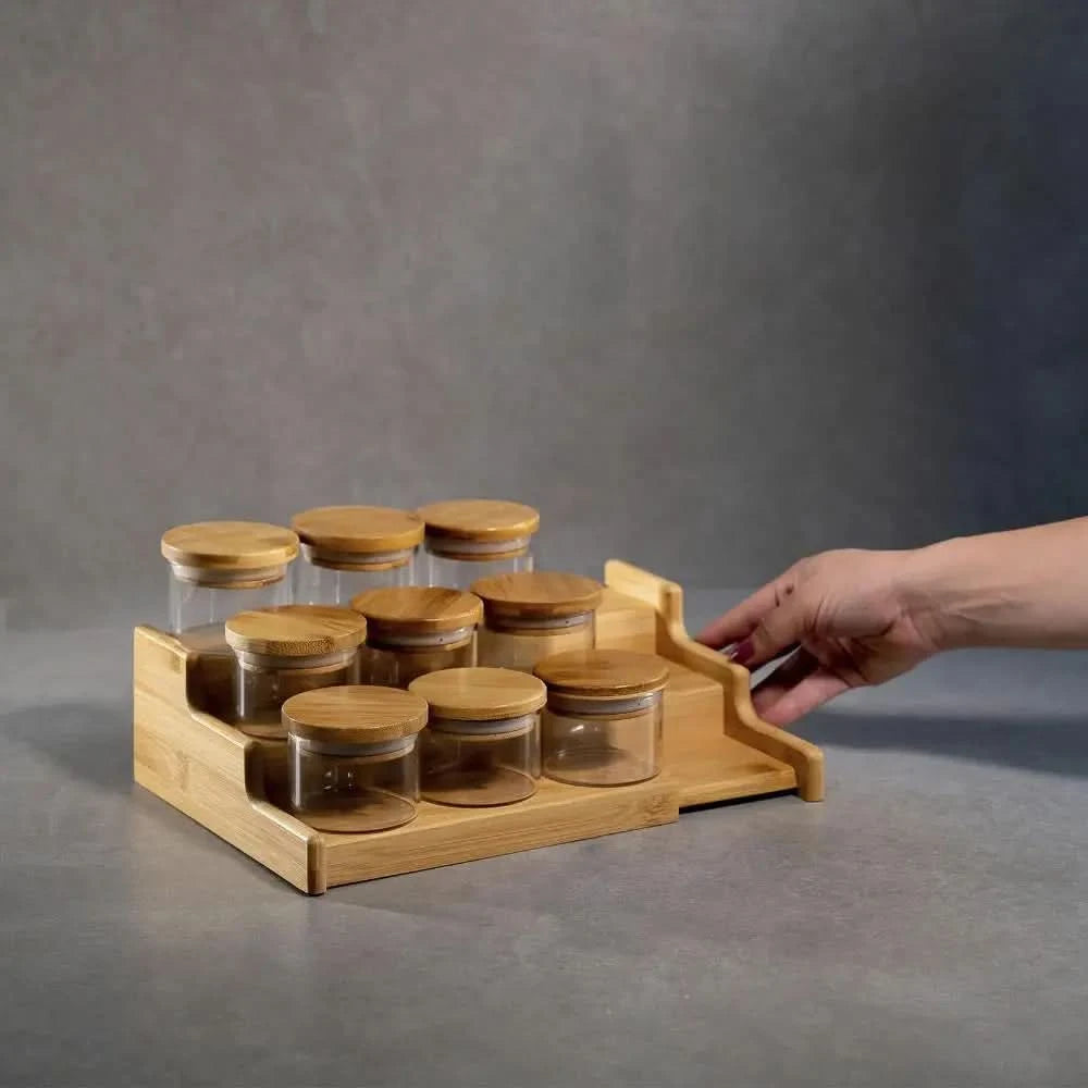 110 ml luftdichtes 9-er Set mit Bambusdeckel und Bambus-Organizer-Rack – Oikos