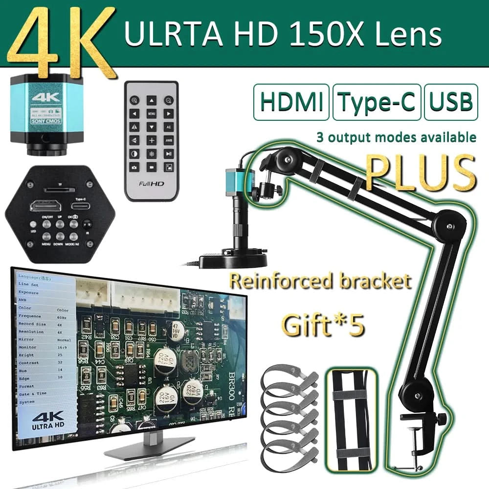 Full HD 4K Electron Microscope For Soldering IMX415 48MP HDMI USB Digital Camera 150X Lens Reinforced Bracket Reduces Vibration