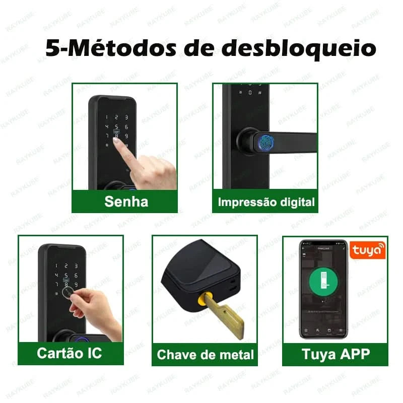 Do Brasil RAYKUBE Black K7 Pro+ Tuya Bluetooth Biometric Fingerprint Door Lock Smart Digital Lock Tuya App Unlock Keyless Lock