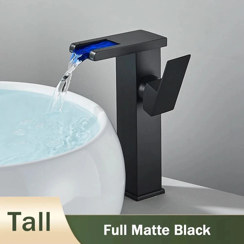 Rozin LED Bathroom Basin Faucet Black Waterfall Sink Faucets Hydroelectric LED Deck Mounted Crane Hot Cold Water Mixer Tap