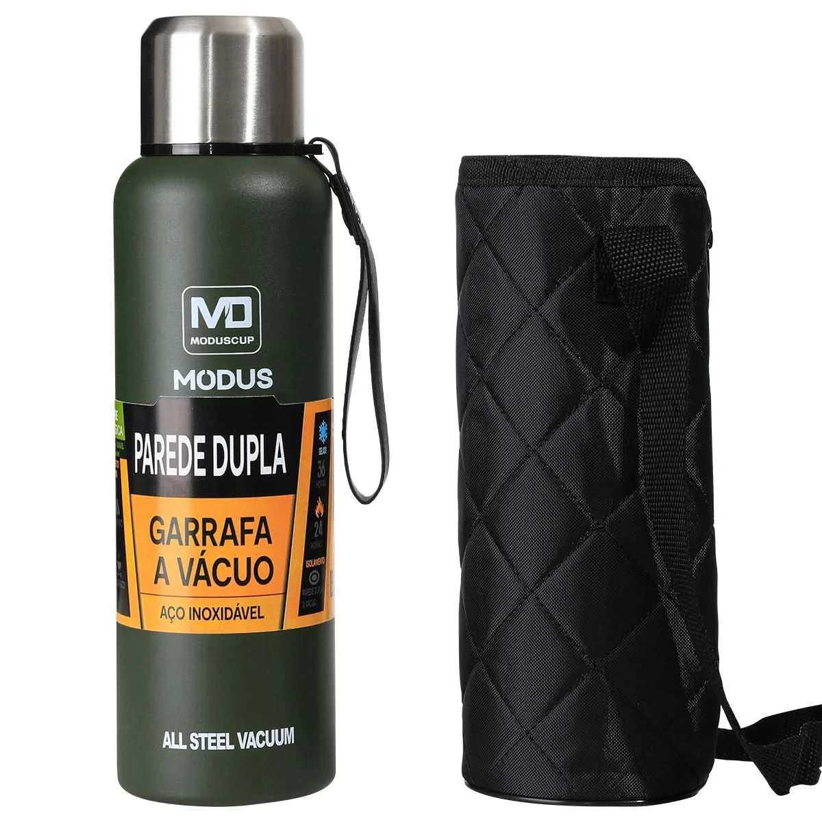 MODUS Garrafa térmica portátil de aço inoxidável, copo isolado a vácuo com corda, 1000, 1500ml