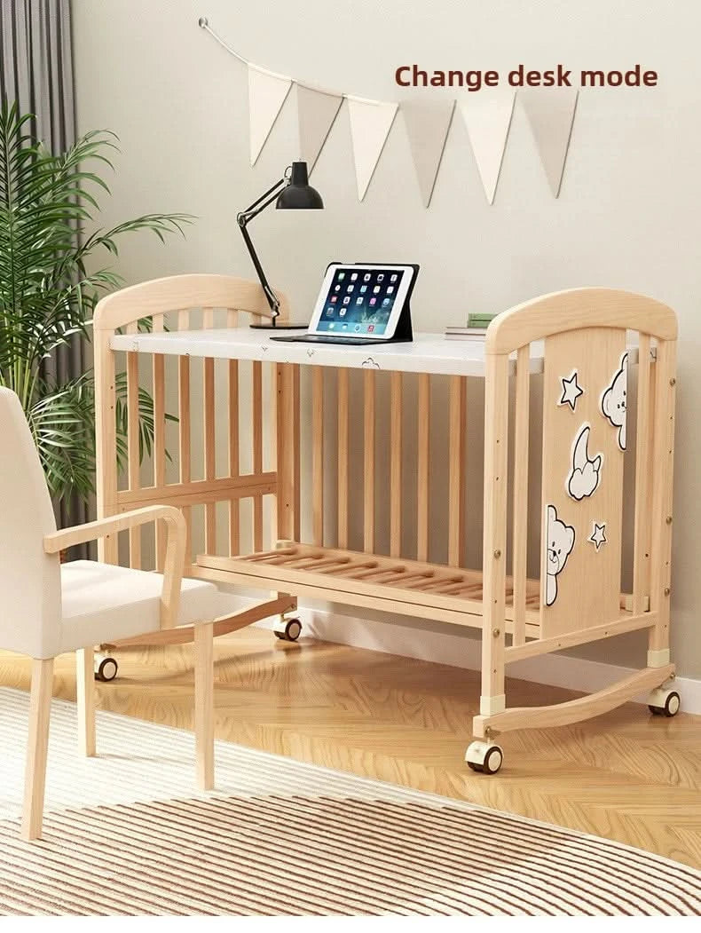 Baby Comfortable Sleeping Bed Solid Wood Newborn Baby Bed Multifunctional Baby Rocking Bed with Wheels and mosquito net
