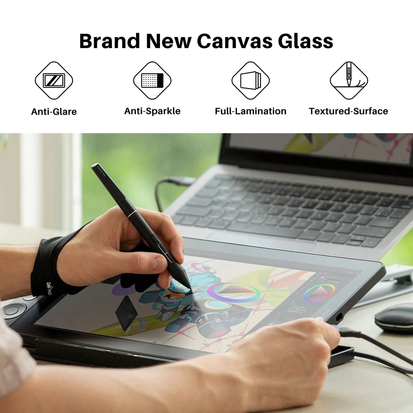 Huion Kamvas 13 Gen 3 Drawing Display 13.3" Art Tablet+Anti-sparkle Canvas Glass, 99% sRGB, PenTech 4.0 16384 Pen Pressure