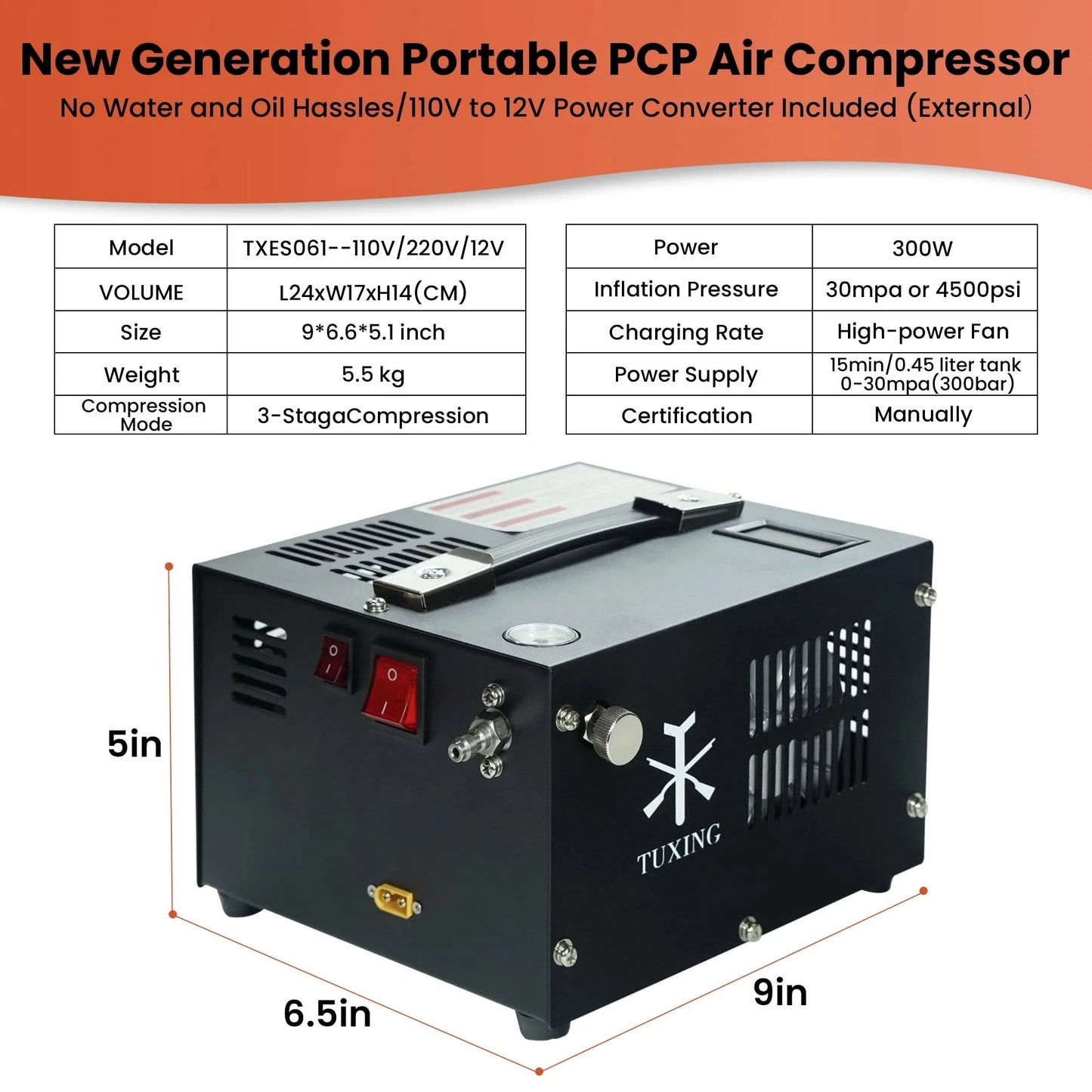 TUXING TXES061 4500Psi PCP Air Compressor 300Bar High Pressure PCP Compressor with 12V Transformer for Airgun Rifle Diving Tank
