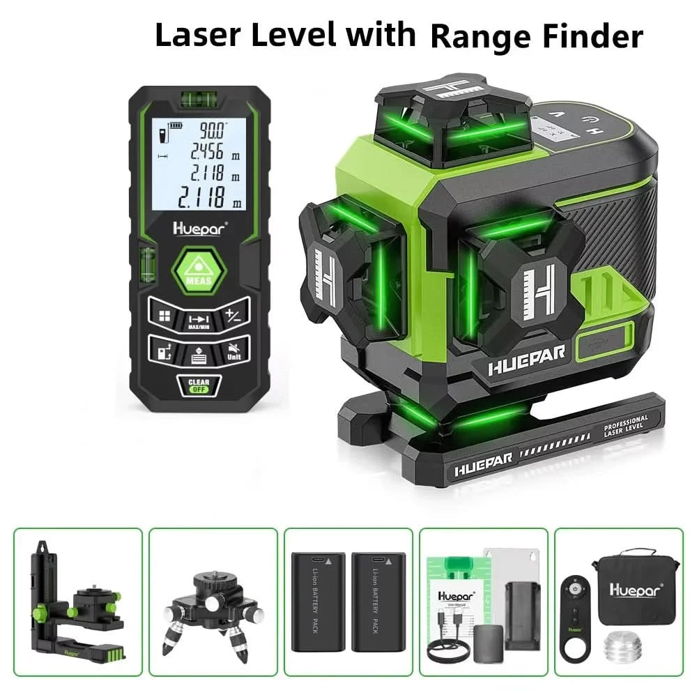 Huepar 16 Lines 4D Self-Leveling Laser Level 4x360°Cross Line Laser with LCD Screen Bluetooth & Remote Control 2x Battery Z04CG