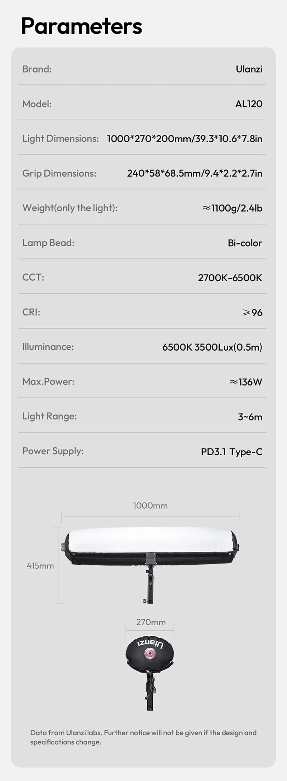 Ulanzi AL60 60W / AL120 120W Inflatable Air Tube Light APP Control LED Video Light Bi-Color Light Stick w Handle for Photography
