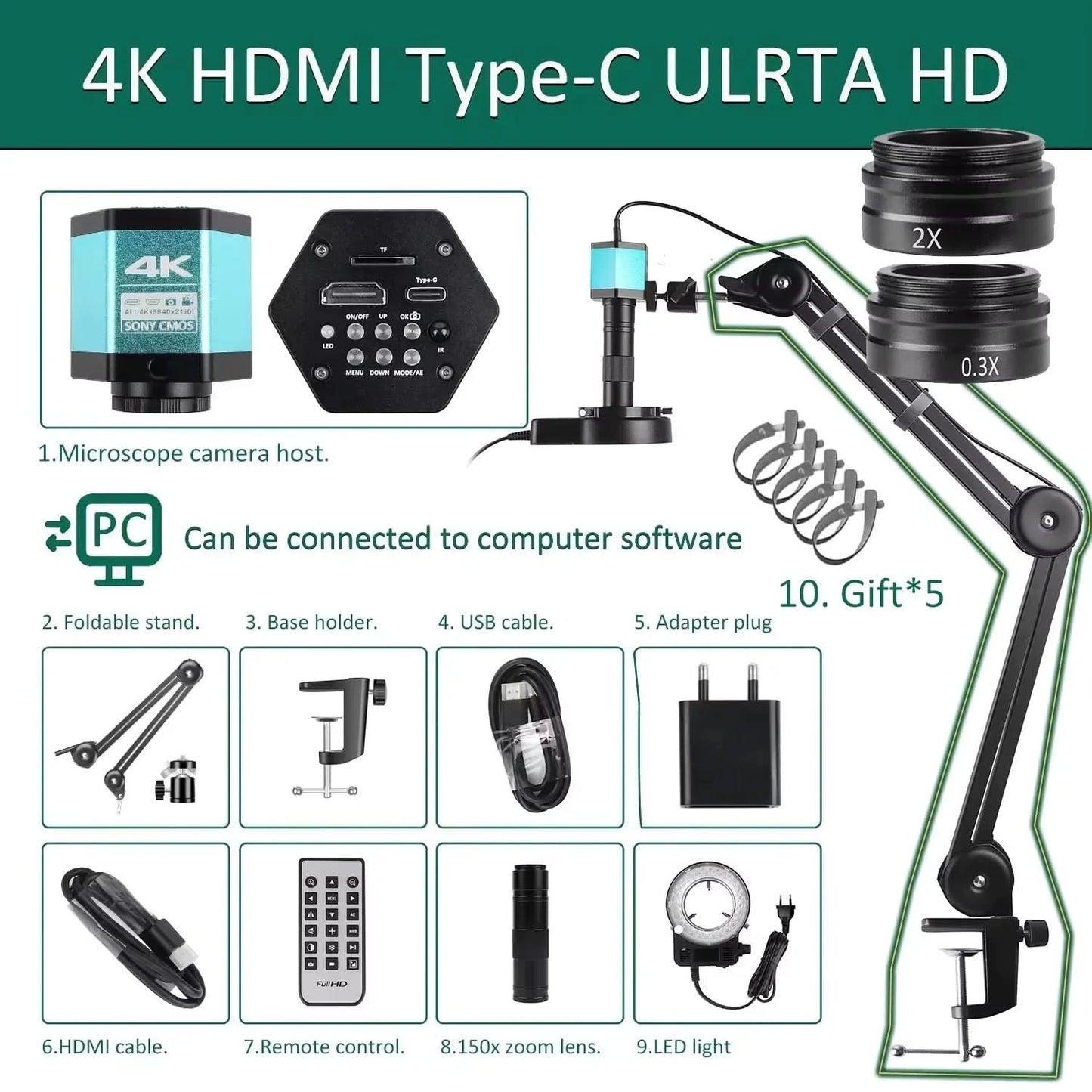 Full HD 4K Electron Microscope For Soldering IMX415 48MP HDMI USB Digital Camera 150X Lens Reinforced Bracket Reduces Vibration