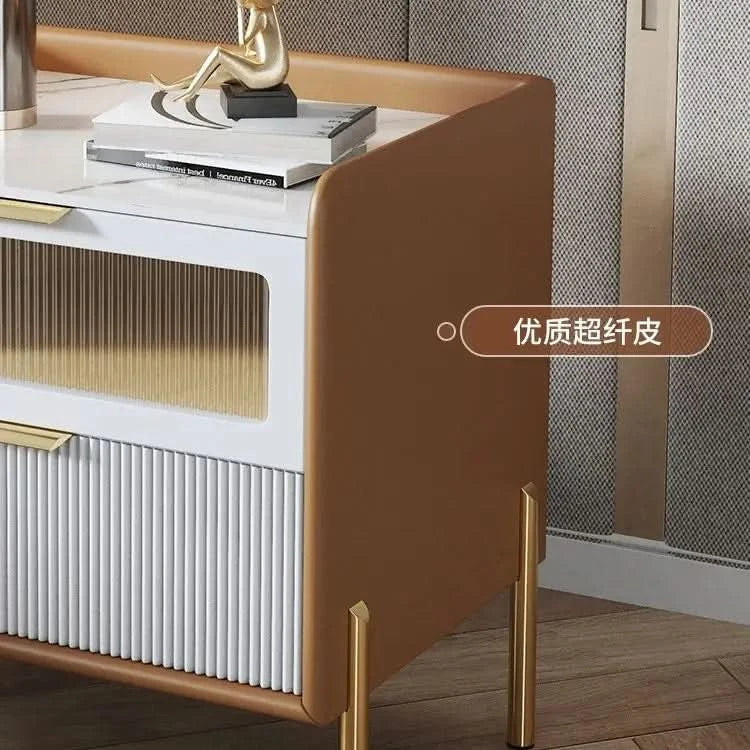 Bedside Table,Modern Light Luxury, Solid Wood Italian Simple Storage, Ultra-narrow Bed Leather Smart Side Cabinet Bedroom