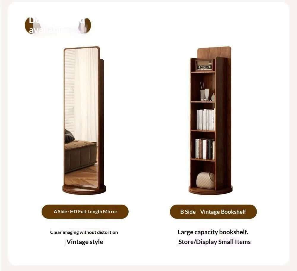 Full Length Floor Mirror Rotating Wooden Frame Bookshelf Full Body Standing Mirror Bedroom Living Room Large Luxury No Warping