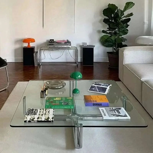 Transparent Square Glass Coffee Table, Stainless Steel Low Table