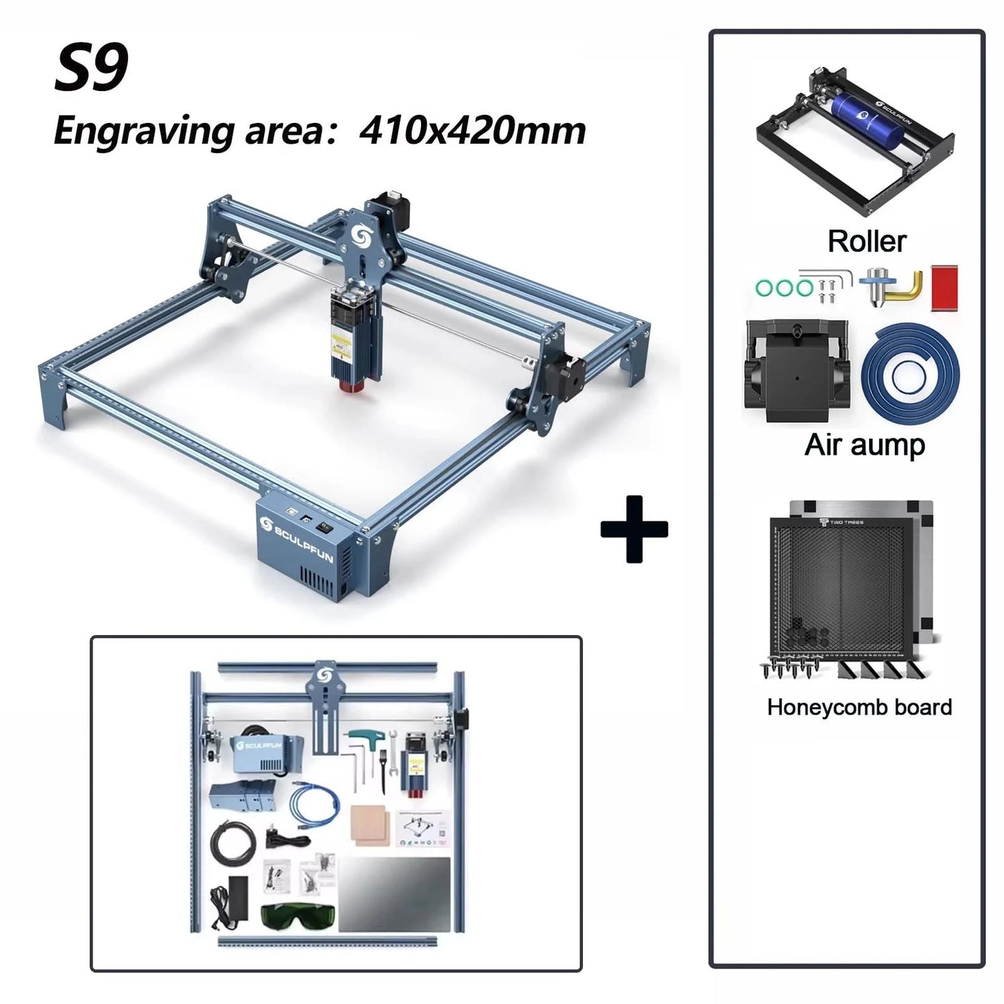 SCULPFUN S9 Laser Machine 90W CO2 Laser Effect Engraving Cutting Tool High Accuracy 410x420mm Carving Quick Assembly
