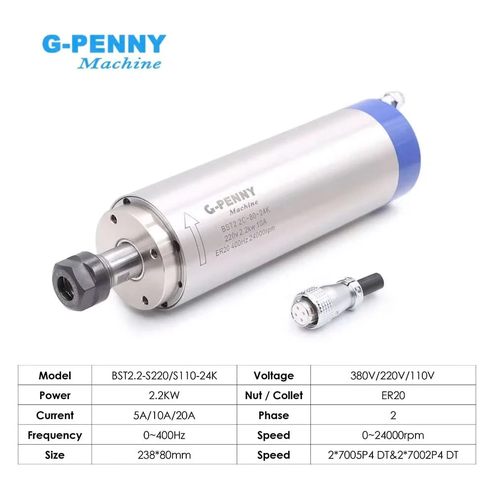 G-Penny Original 2.2kw ER20 Water Cooled Spindle Motor 80*230mm 220v / 380v 4pcs 7series Ceramic Bearings 0.01mm Longer Type
