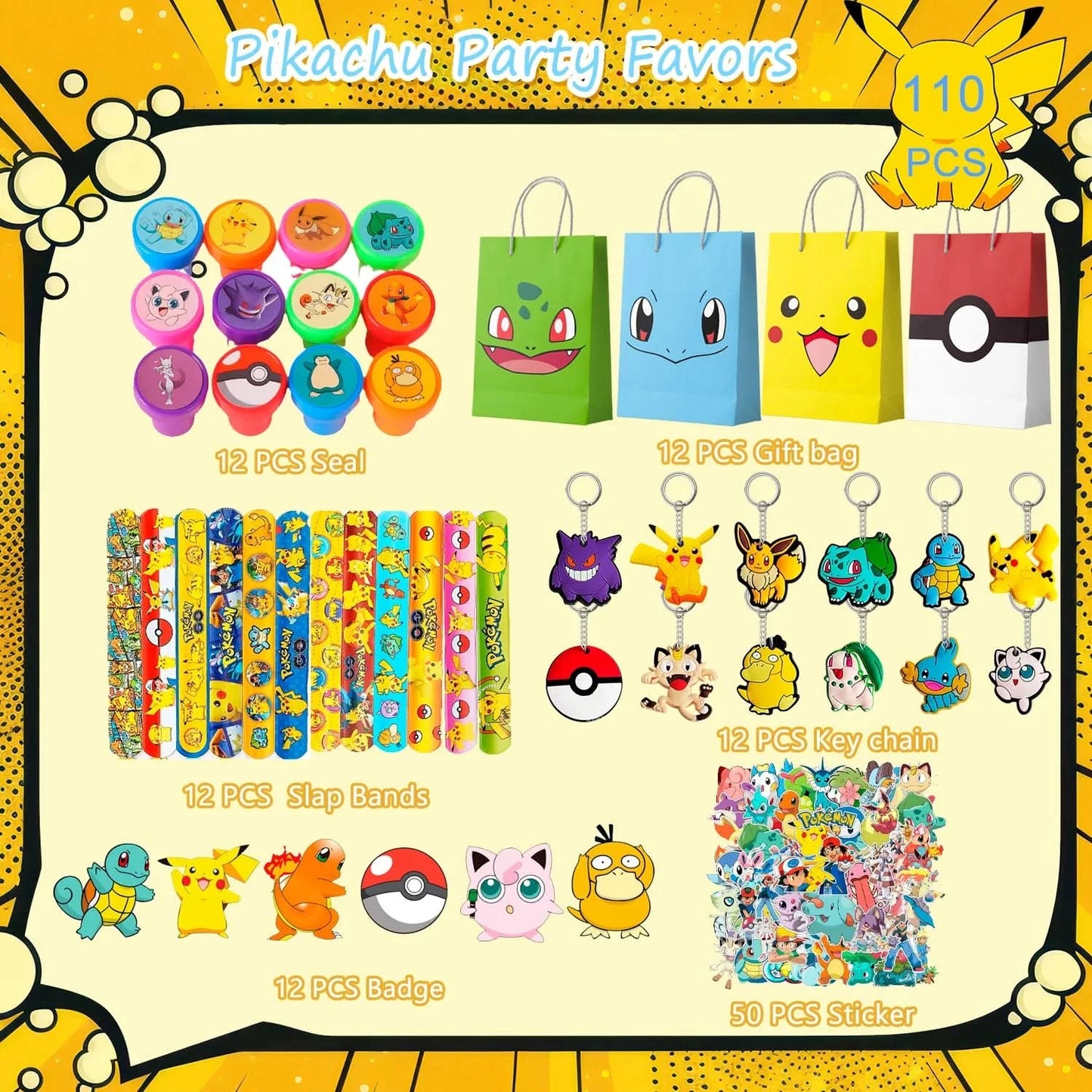 Pokemon Birthday Party Favors for Kids,110pcs Pokemon Party Supplies-Pikachu Goodie Bag Badges Sticker etc Pokemon Party Favors
