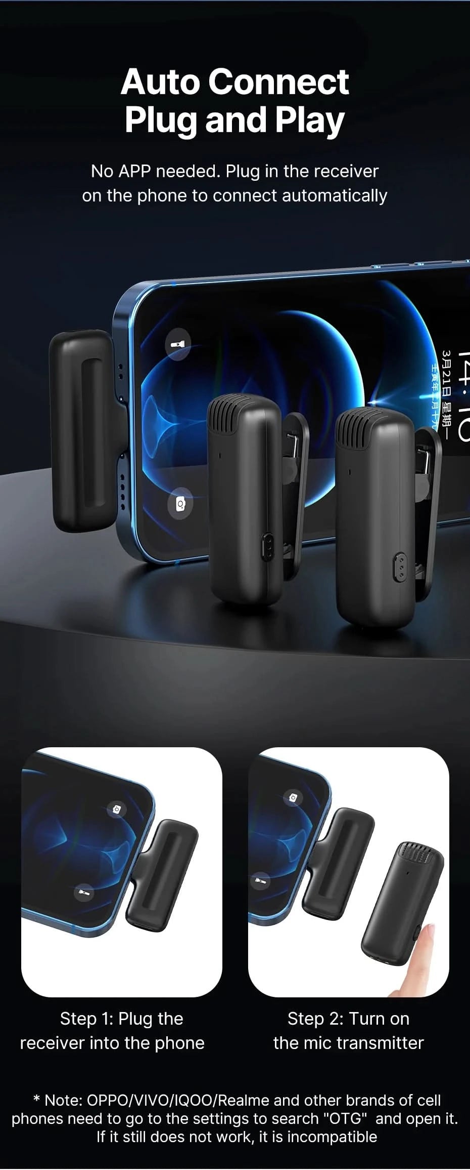 Ulanzi J12 Wireless Lavalier Microphone System Audio Video Recording Microphone Mini Mic for iPhone Android Live Broadcast