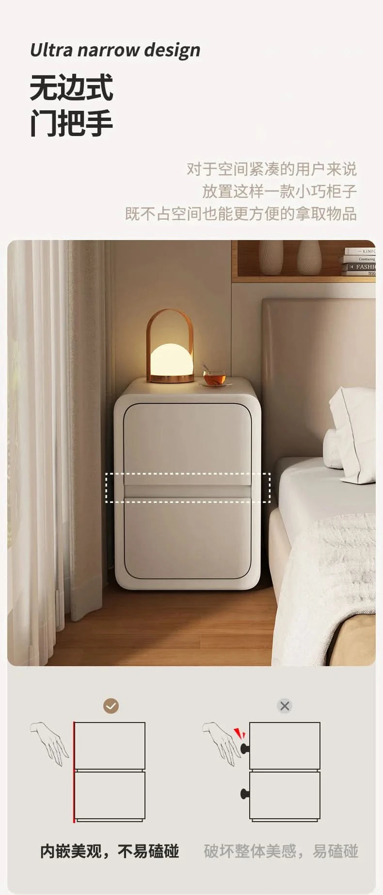Solid Wood Bedside Table with 2 Drawers No-Leg Design Small Nightstand for Bedroom Minimalist Narrow Storage Cabinet