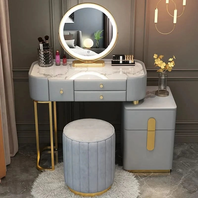 Luxury Jewelery Storage Dressing Table Glass Top Girls Unique Makeup Mirror Beauty Dressing Table Light White Muebles Decoration