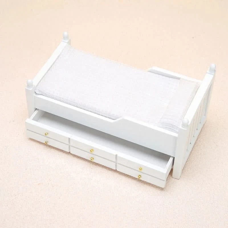 1:12 Dollhouse Miniature Bed White European Single Bed With Drawer Bedroom Furniture Model Decor Toy Doll House Accessories